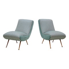Mid-Century Modern Mint Tweed Velvet Brass Pair of Armchairs. Italy, 1950