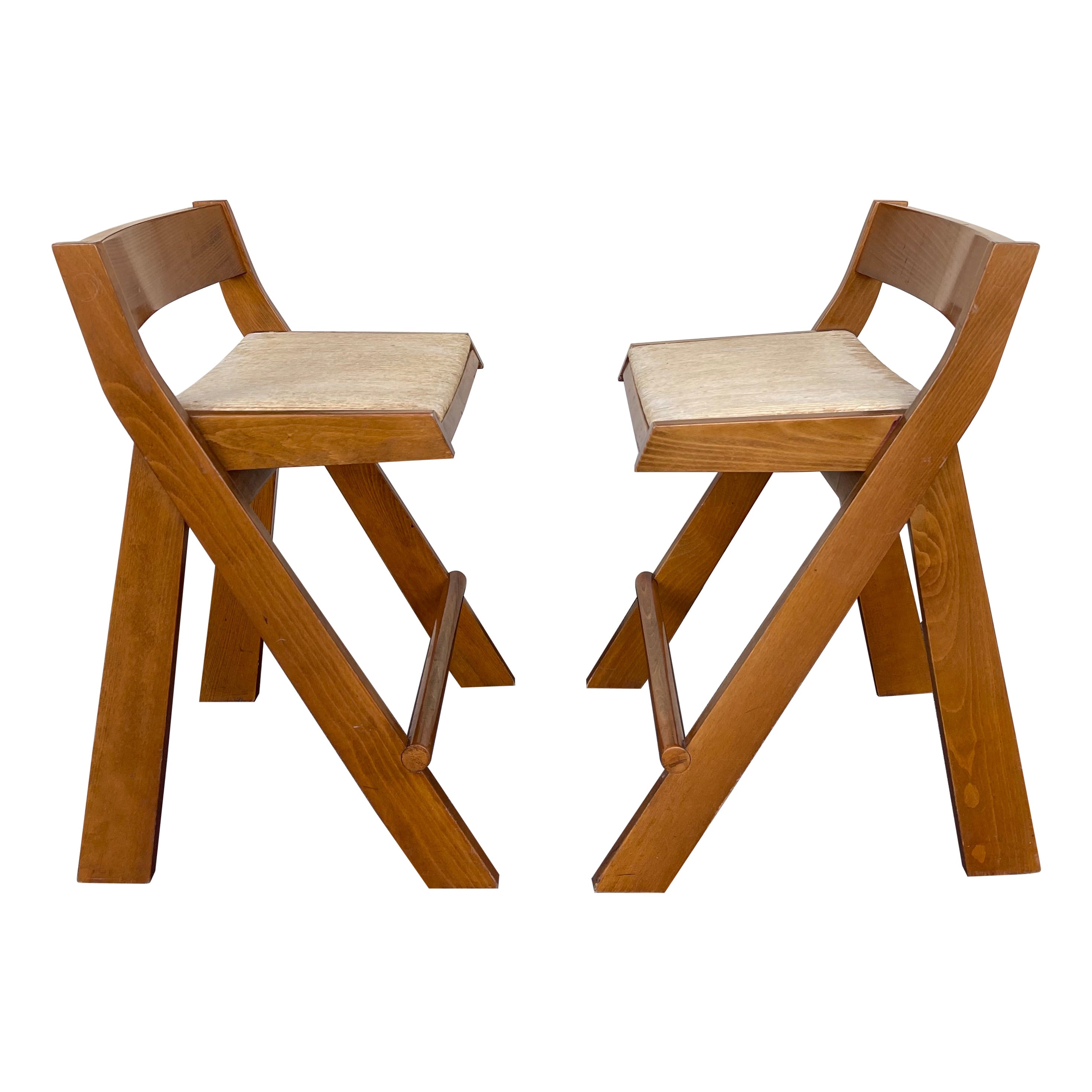 Pair of Compas Wood Counter Stools, Italy For Sale