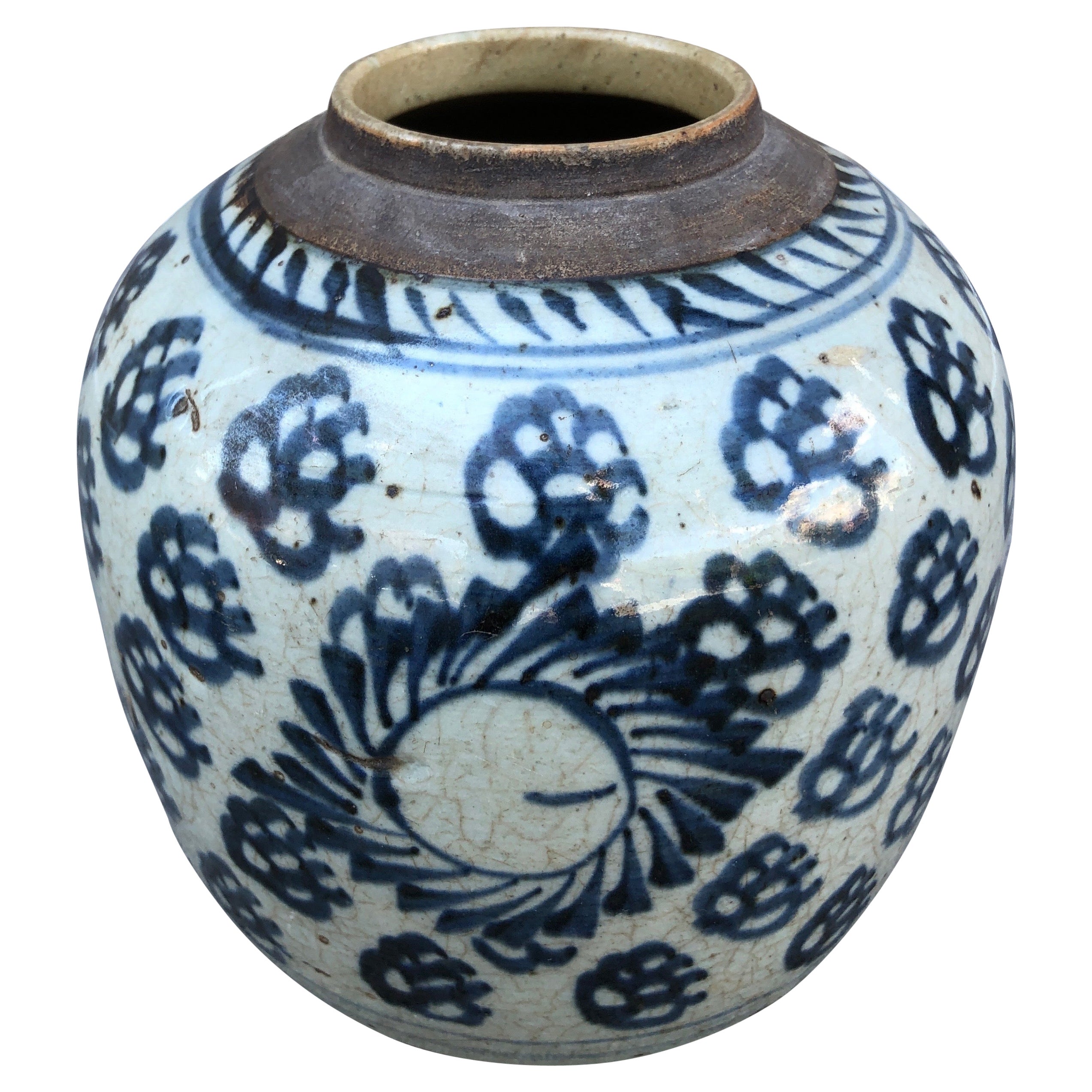 Antique jarre chinoise en porcelaine bleue et blanche en vente