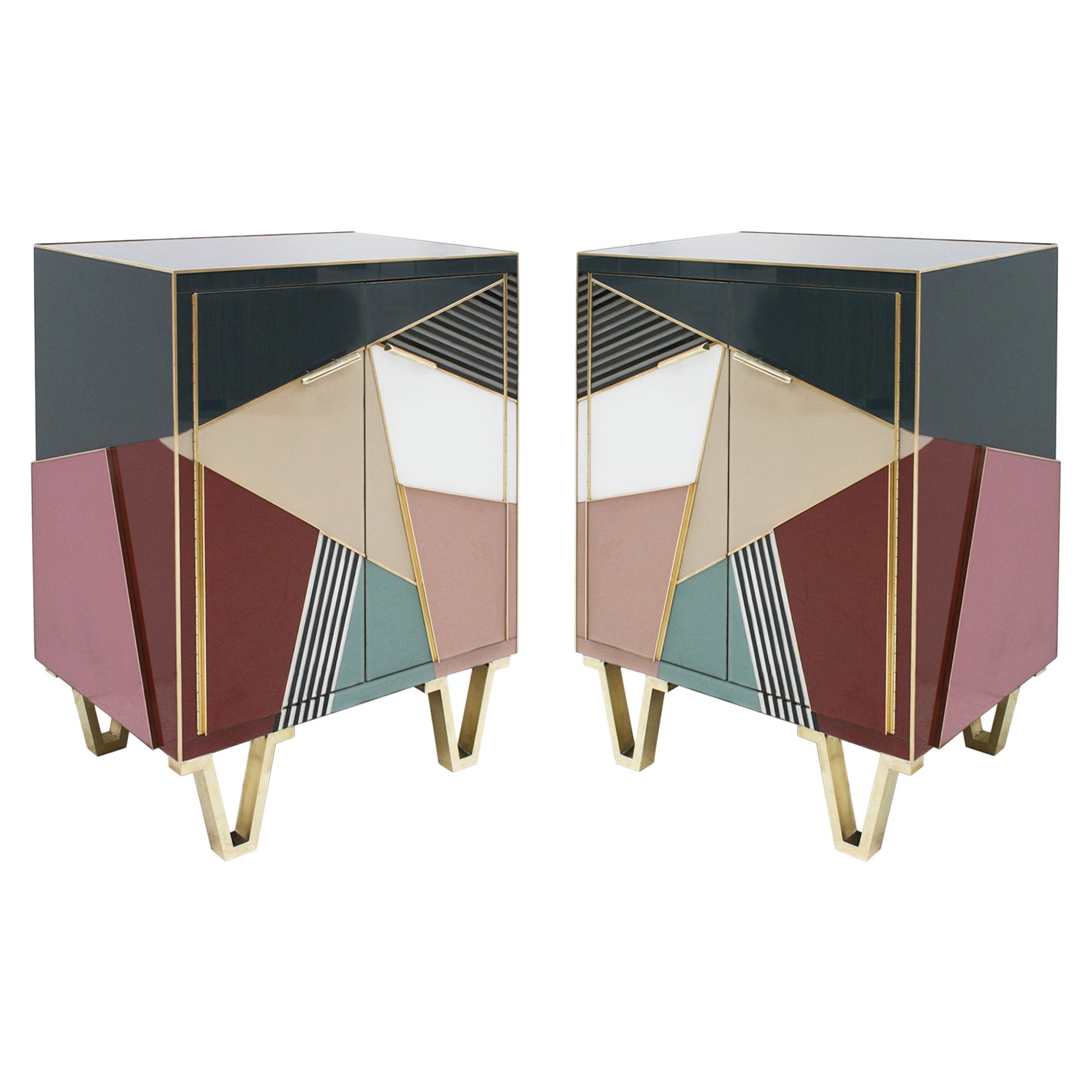 Mid-Century Modern Style Wood Colored Glass and Brass Pair of Italian Sideboards For Sale