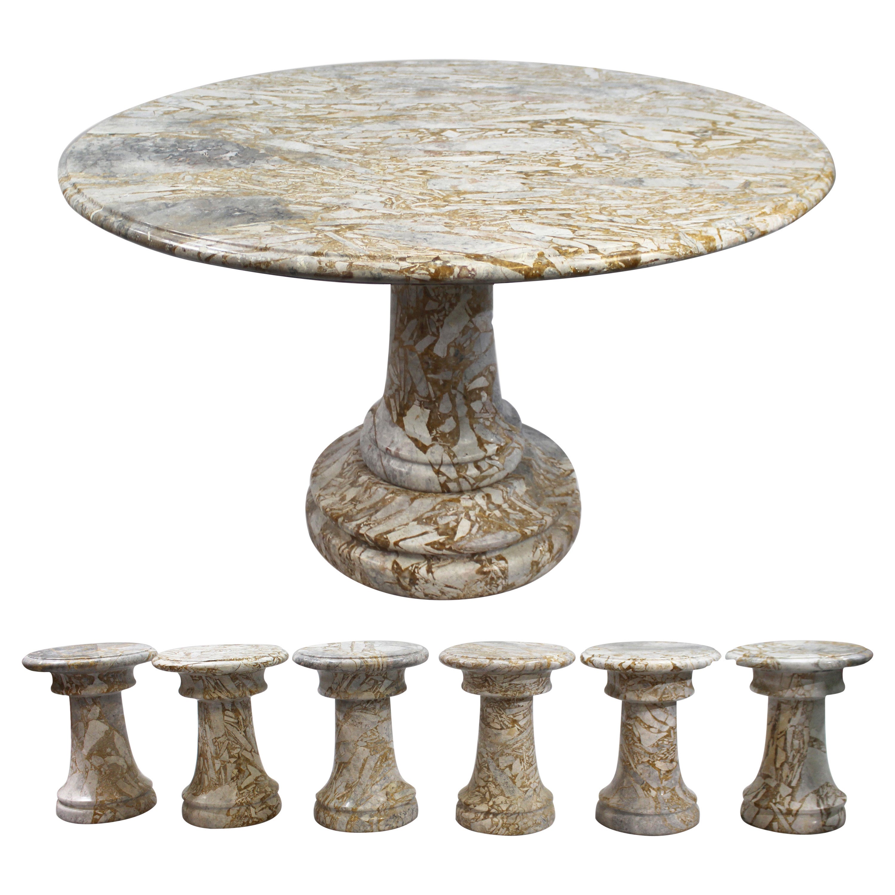 Fine Middle Eastern Circular Marble Table & 6 Stools