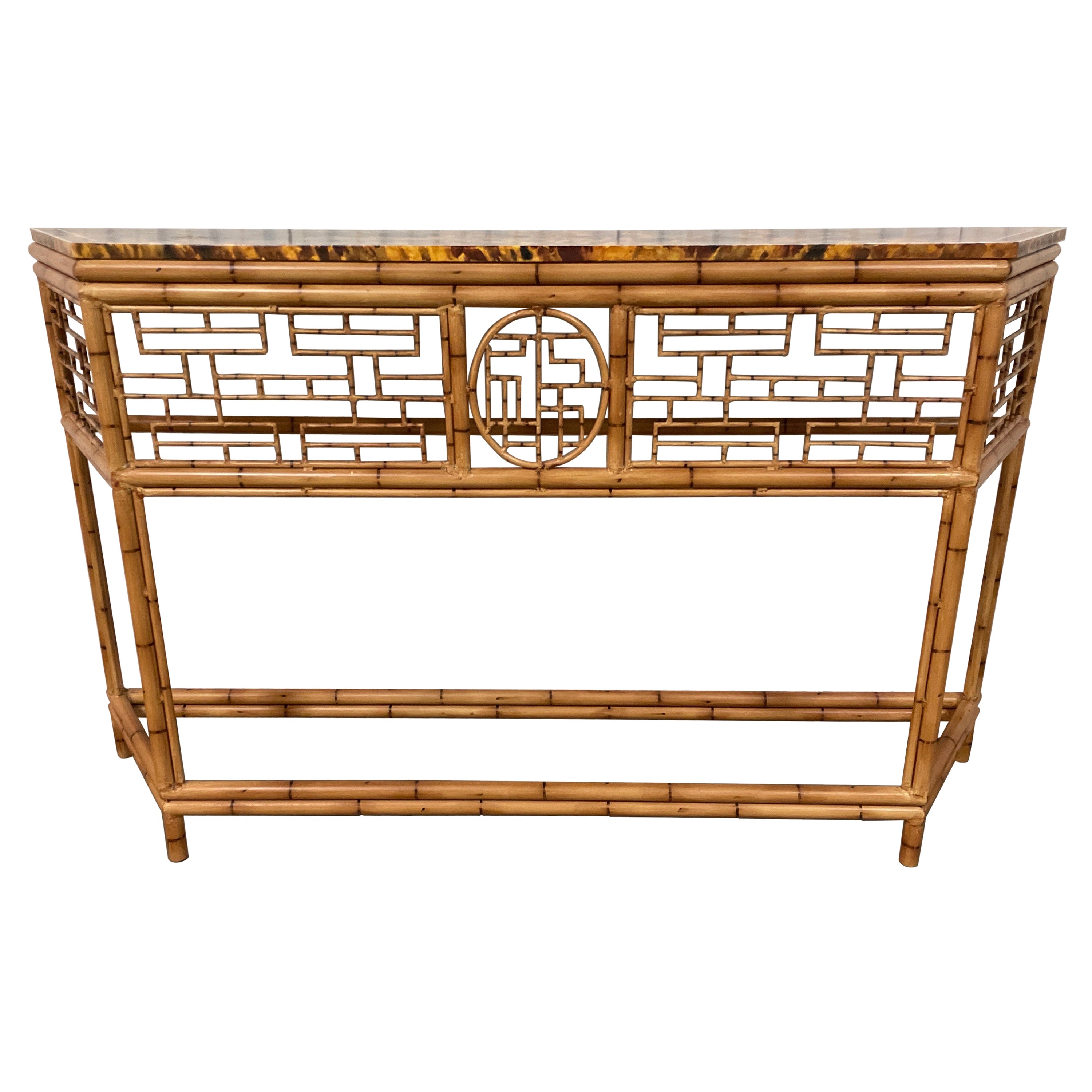 Faux Bamboo Tole Chinoiserie Console with Faux Painted Tortoise Top