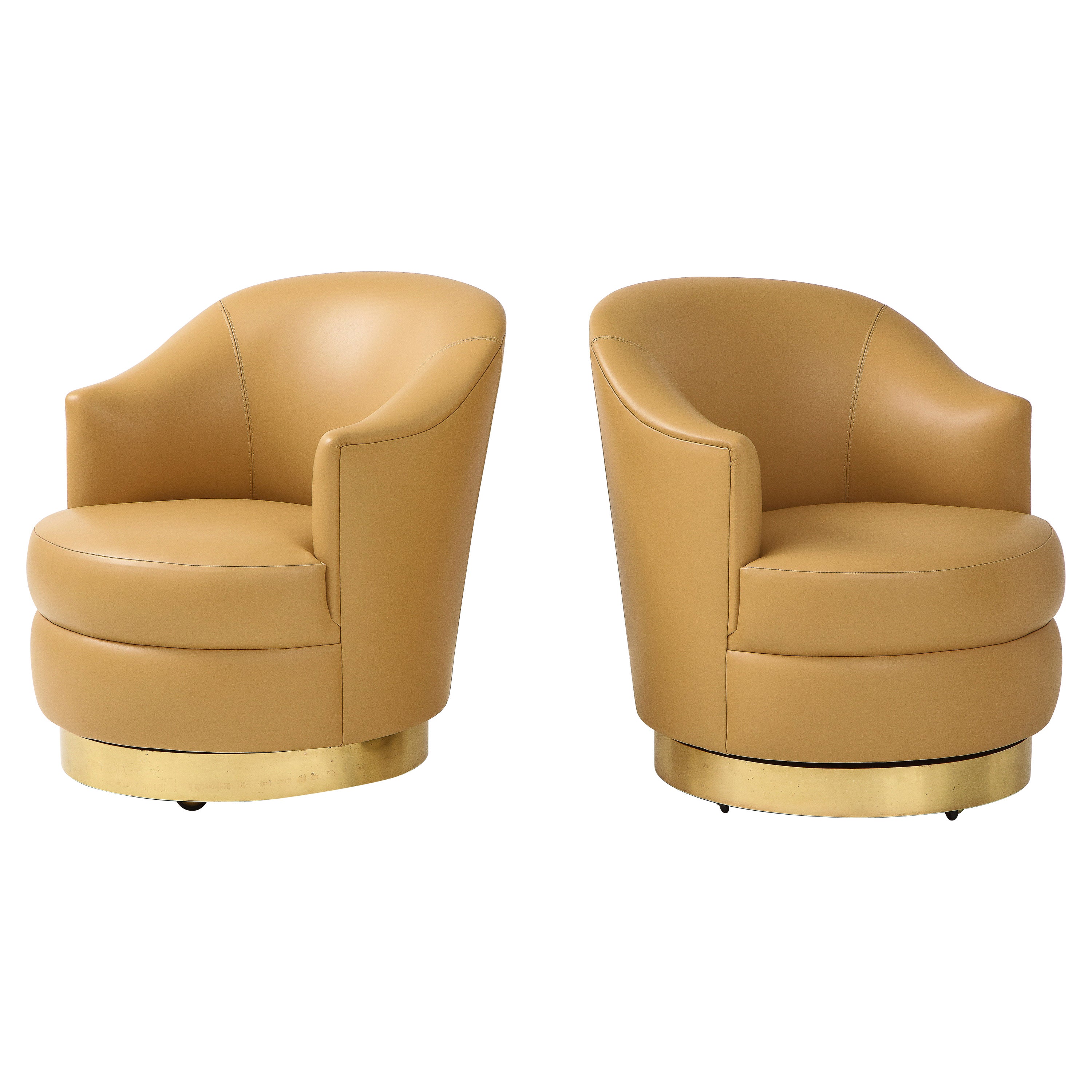 Karl Springer Pair of Swivel Chairs in Camel Edelman Leather and Brass, 1980s