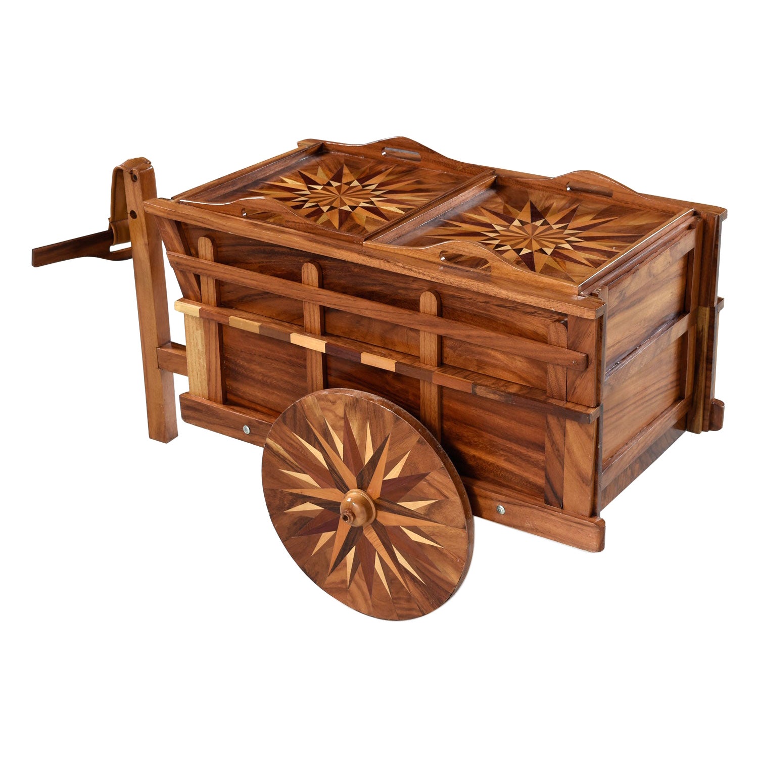 Handcrafted Oxcart Wagon Bar Cart With Intricate Wood Inlay Marquetry