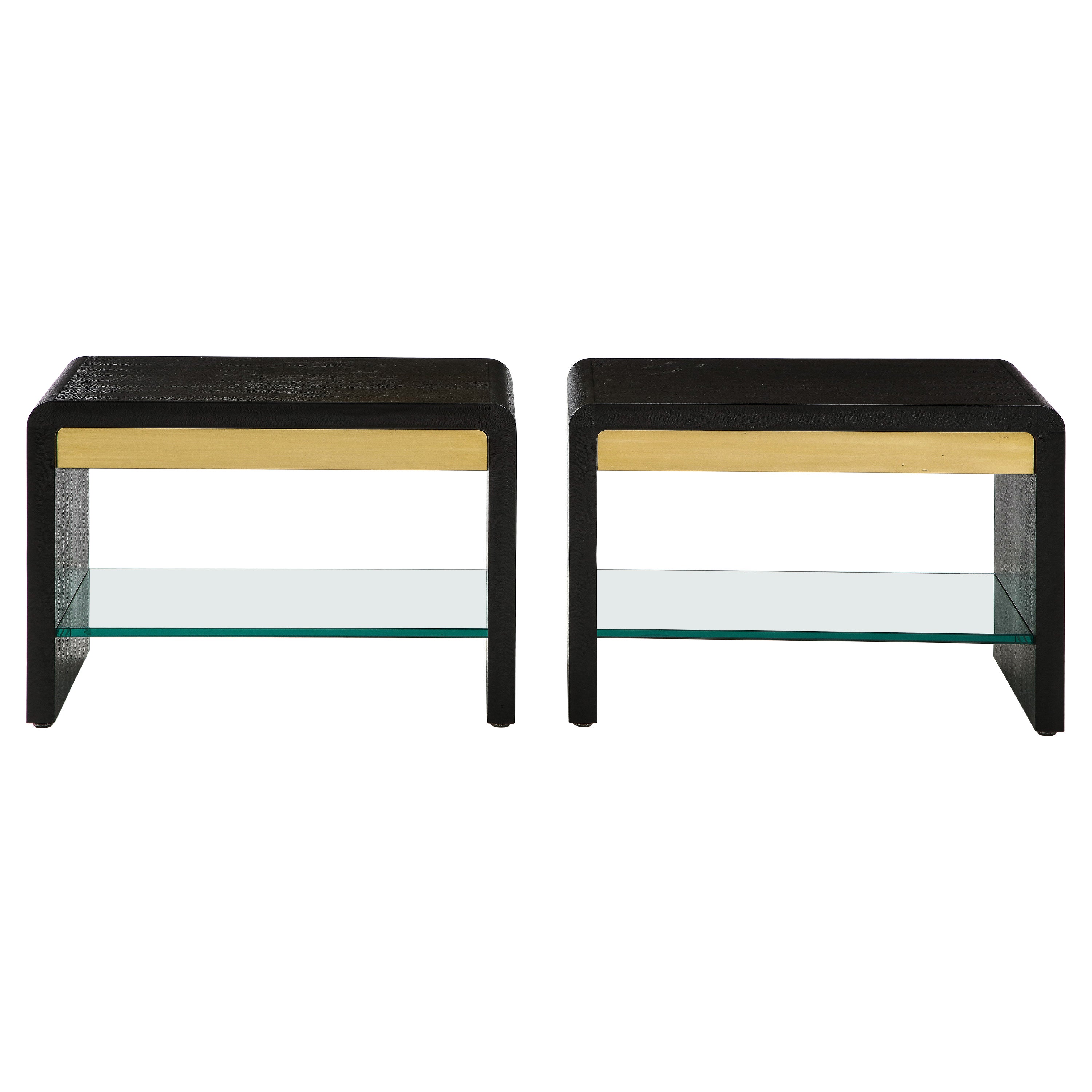 Karl Springer Rare Pair of Large Waterfall Side Tables in Black Lizard Leather For Sale