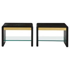Karl Springer Rare Pair of Large Waterfall Side Tables in Black Lizard Leather