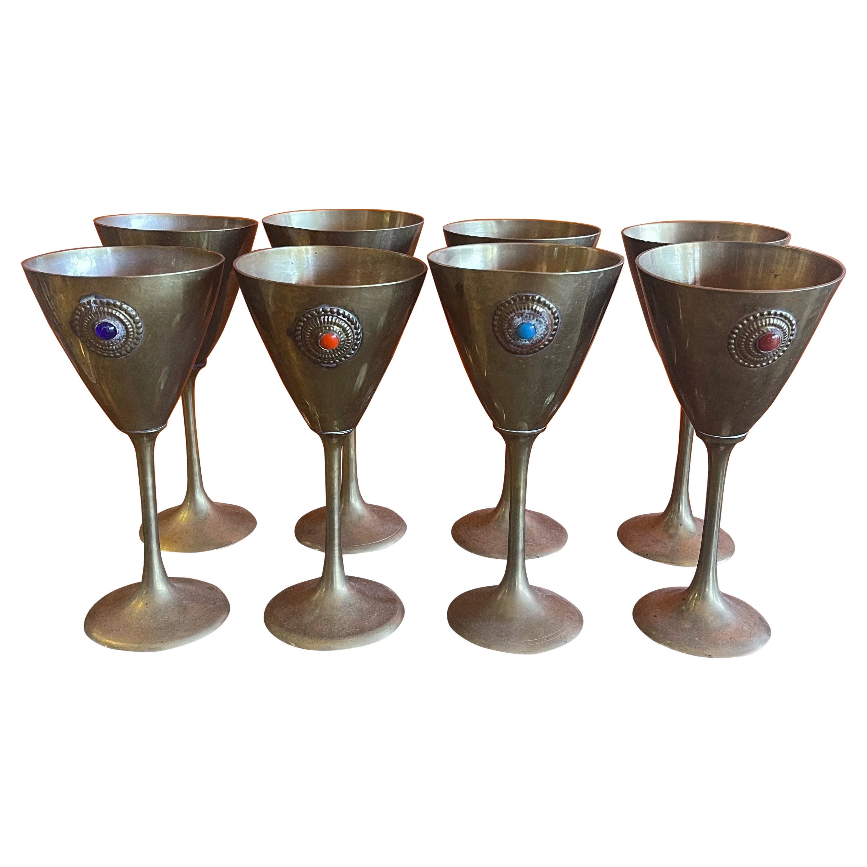 Set of Eight Brass Water / Wine Goblets with Stone Accent For Sale