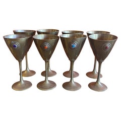 Set of Eight Brass Water / Wine Goblets with Stone Accent