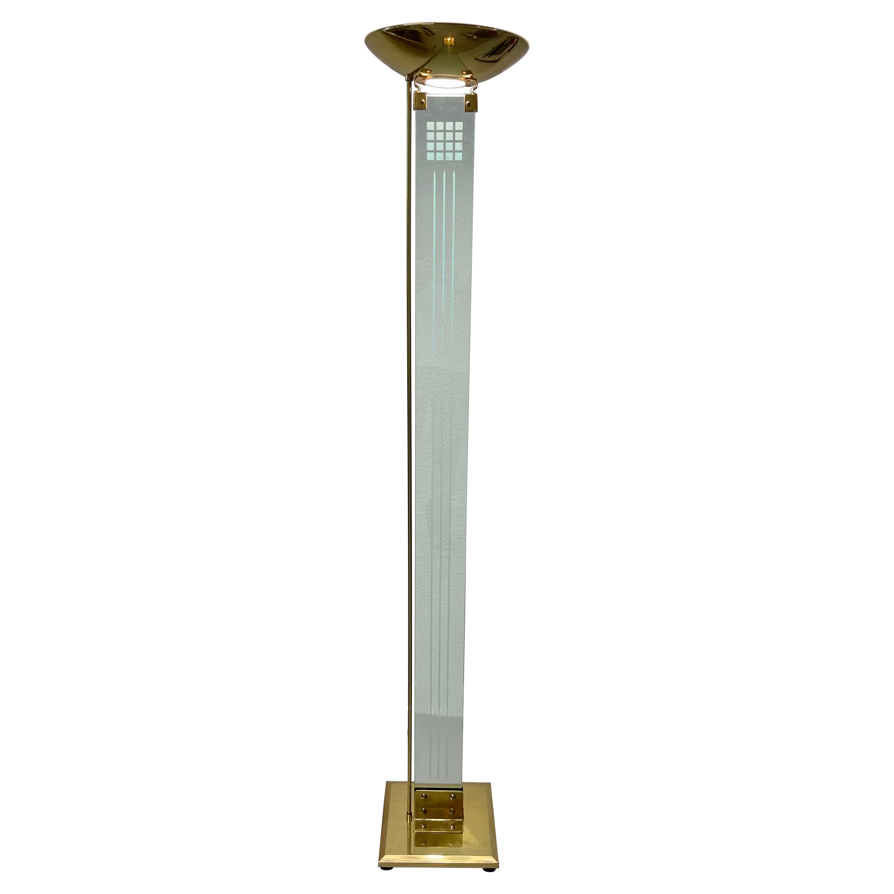 1980's Brass and Glass Torchiere For Sale