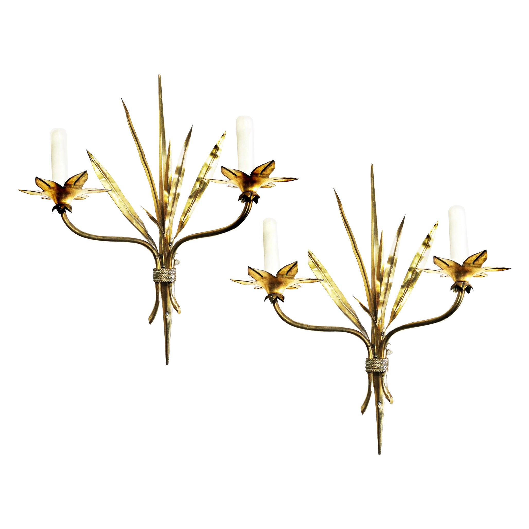 Wall Sconces Brass Golden Leves, Midcentury 'Lot of Two' For Sale