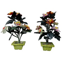 Pareja de plantas florales chinas Vantage talladas en piedra dura y jade, nº 2 pequeñas