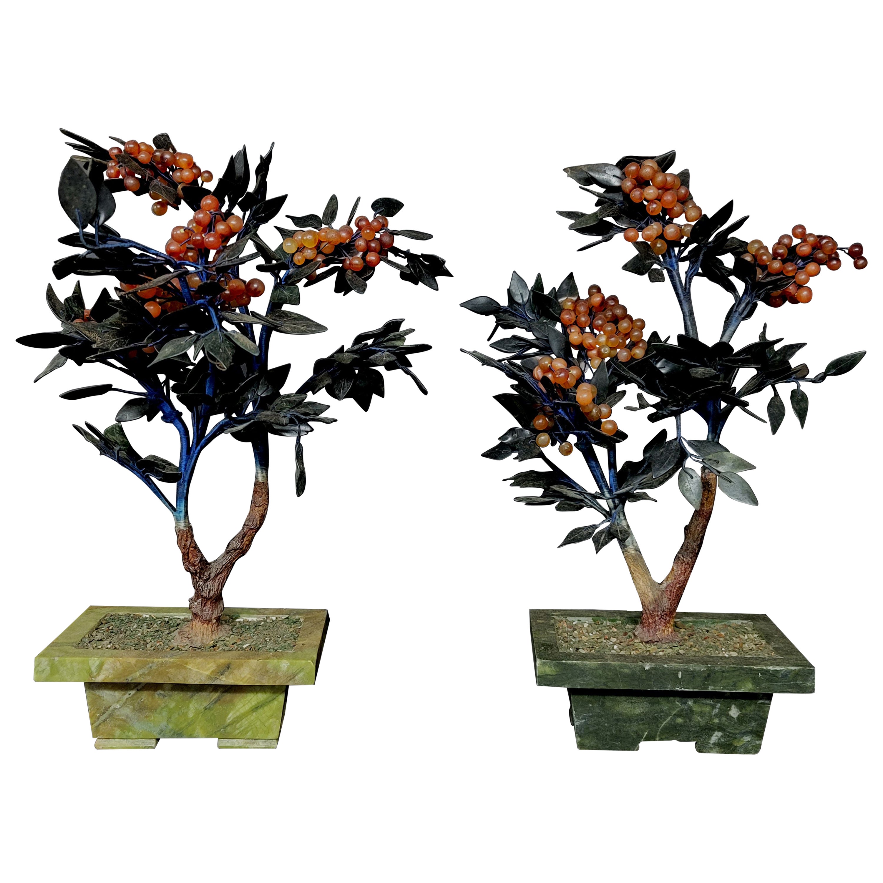 Pair of Chinese Vantage Hard Stone & Jade Carved Flower Plants, #3 Large