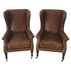 19th Century Pair of Wingback Leather Armchairs
