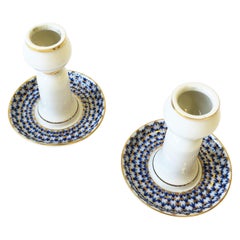 Russian Blue Gold White Porcelain Candlestick Holders by Lomonosov, Pair