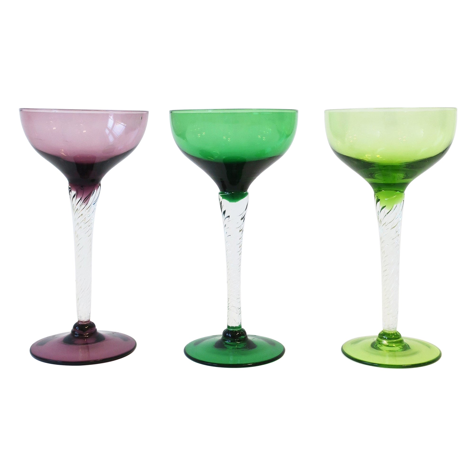 Vintage Barware Colorful Art Glass Cocktail or Champagne Coupe Glasses, Set of 3