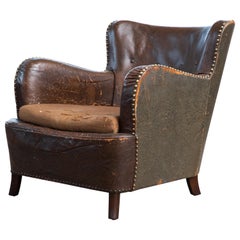 Danish 1940s Club Chair in Brown Patinated Leather in the Style of Fritz Hansen