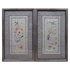 Retro 2 Gold Silk Embroidered Chinese Tapestry Landscapes Birds Flowers Framed Pair