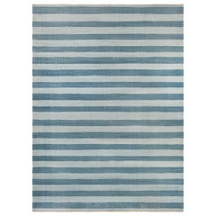 Mid-20th Century Blue Striped Indian Dhurrie Handmade Cotton Rug