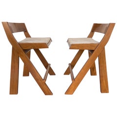 Pair of Compas Wood Counter Stools, Italy