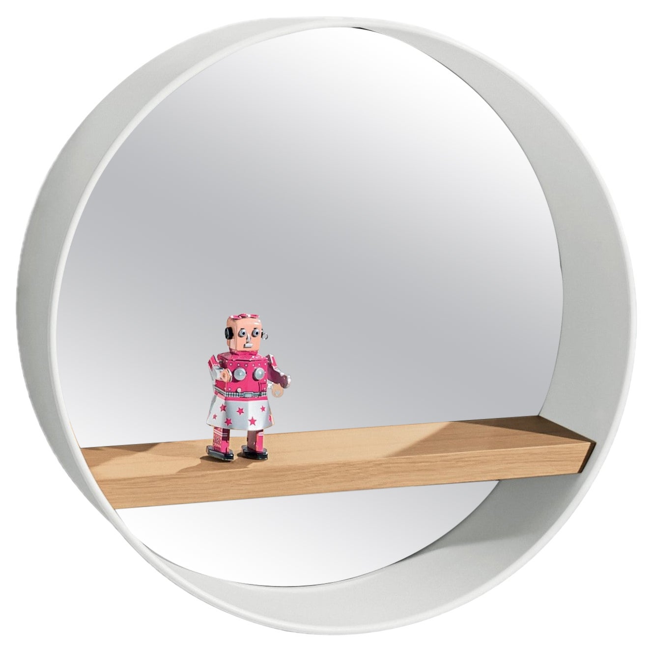Oblò Mirror in Lacquered Aluminium, Oak and Clear Mirror by Discipline Lab For Sale