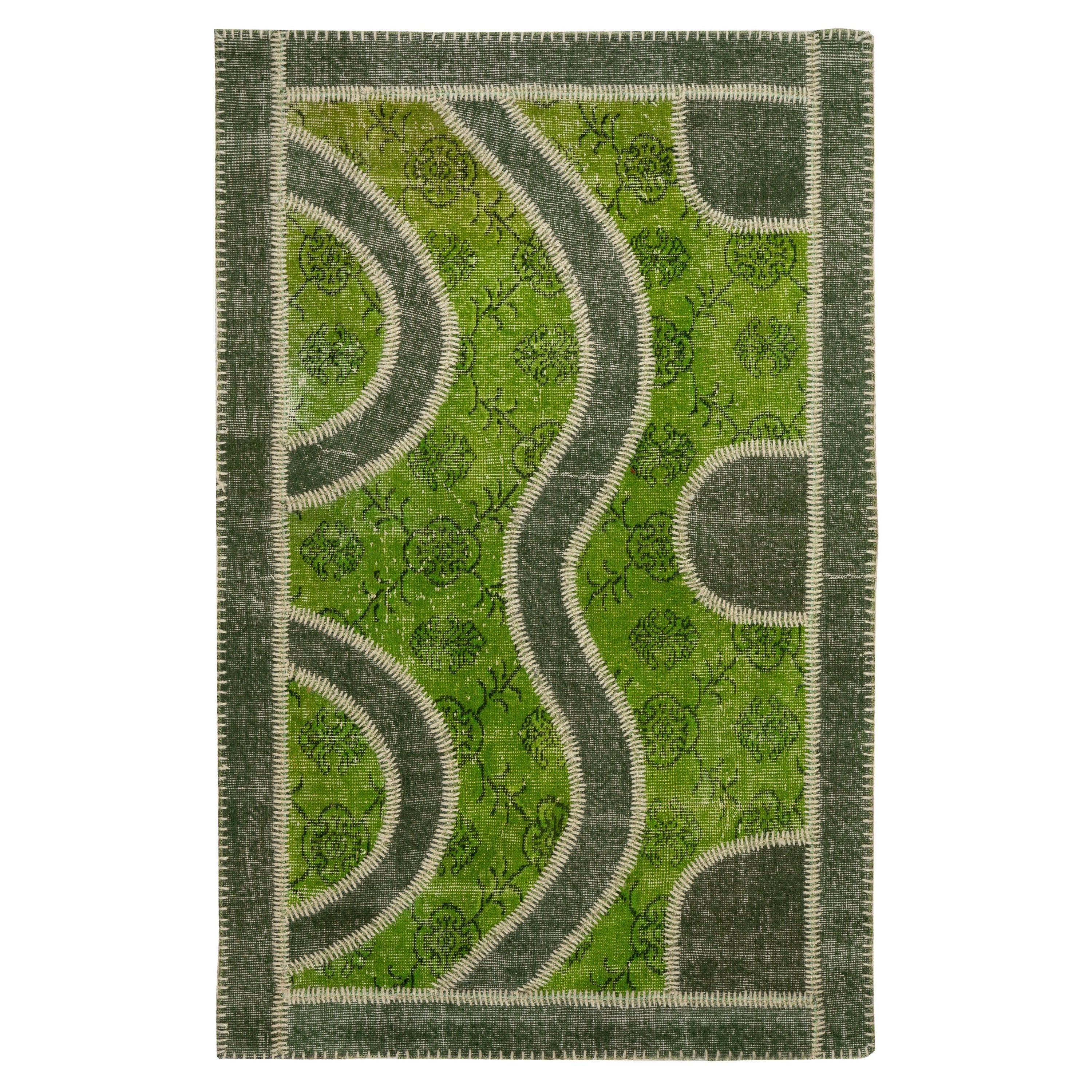 Handmade Patchwork Rug in Shades of Green. Living Room Decor Woolen Carpet For Sale