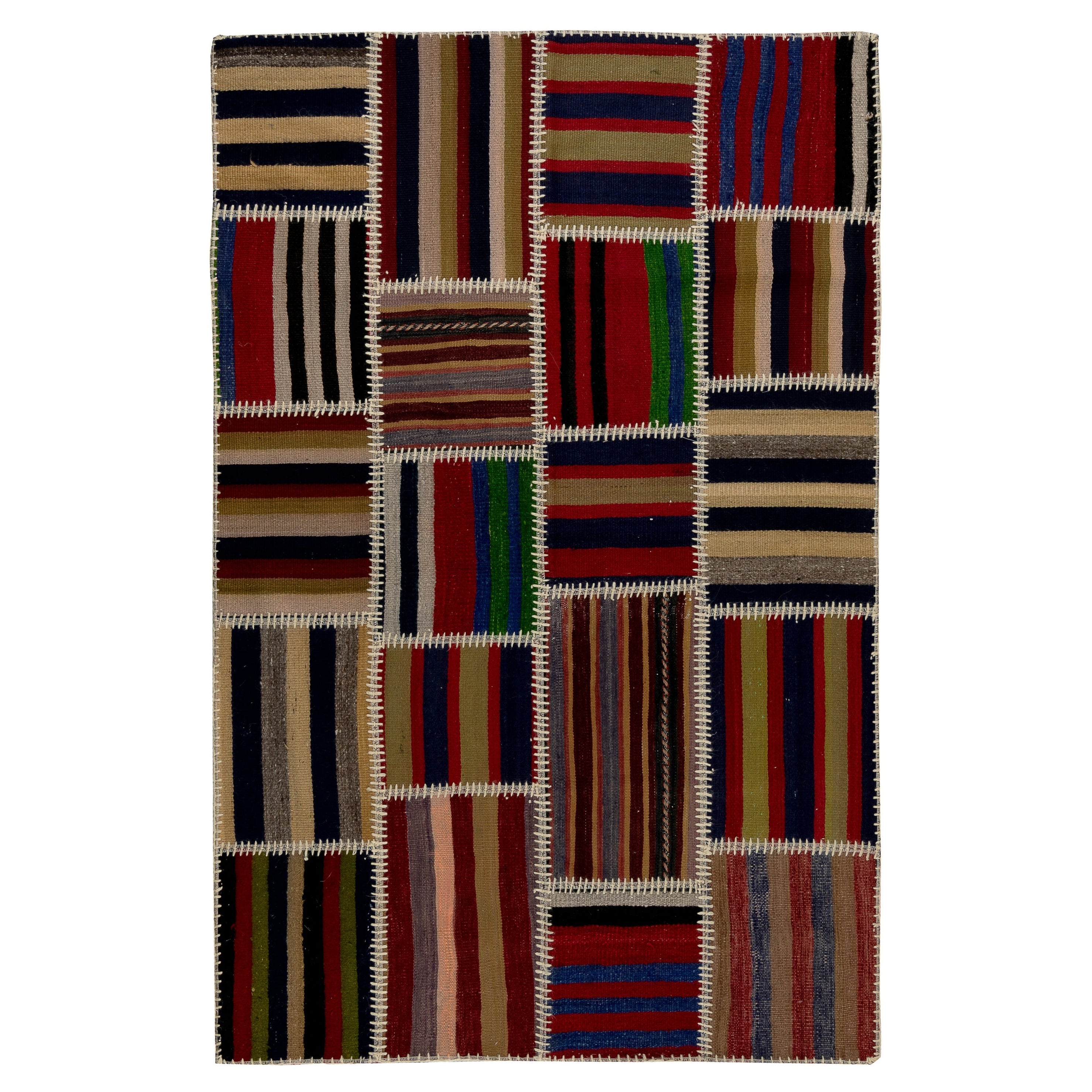 4x6 Fuß handgefertigter gestreifter Patchwork-Kelim-Teppich „FlatWeave“, maßgefertigte Farben und Größen im Angebot