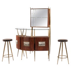 Vintage 1960s Modernist Italian Cocktail Bar Set Cabinet and stools Gio Ponti Manner