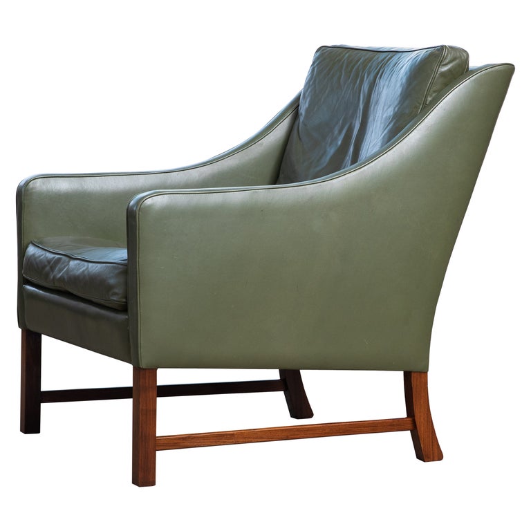 Lounge Chair Green Leather and Rosewood Attributed to Fredrik Kayser, Norway For Sale