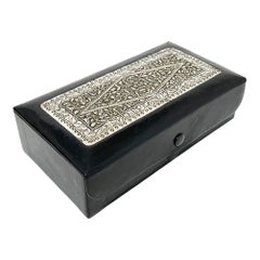 Antique Black Leather with Indonesian Silver 1920s Jewelry Box