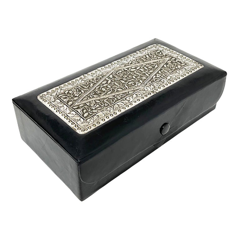 Black Leather with Indonesian Silver 1920s Jewelry Box For Sale