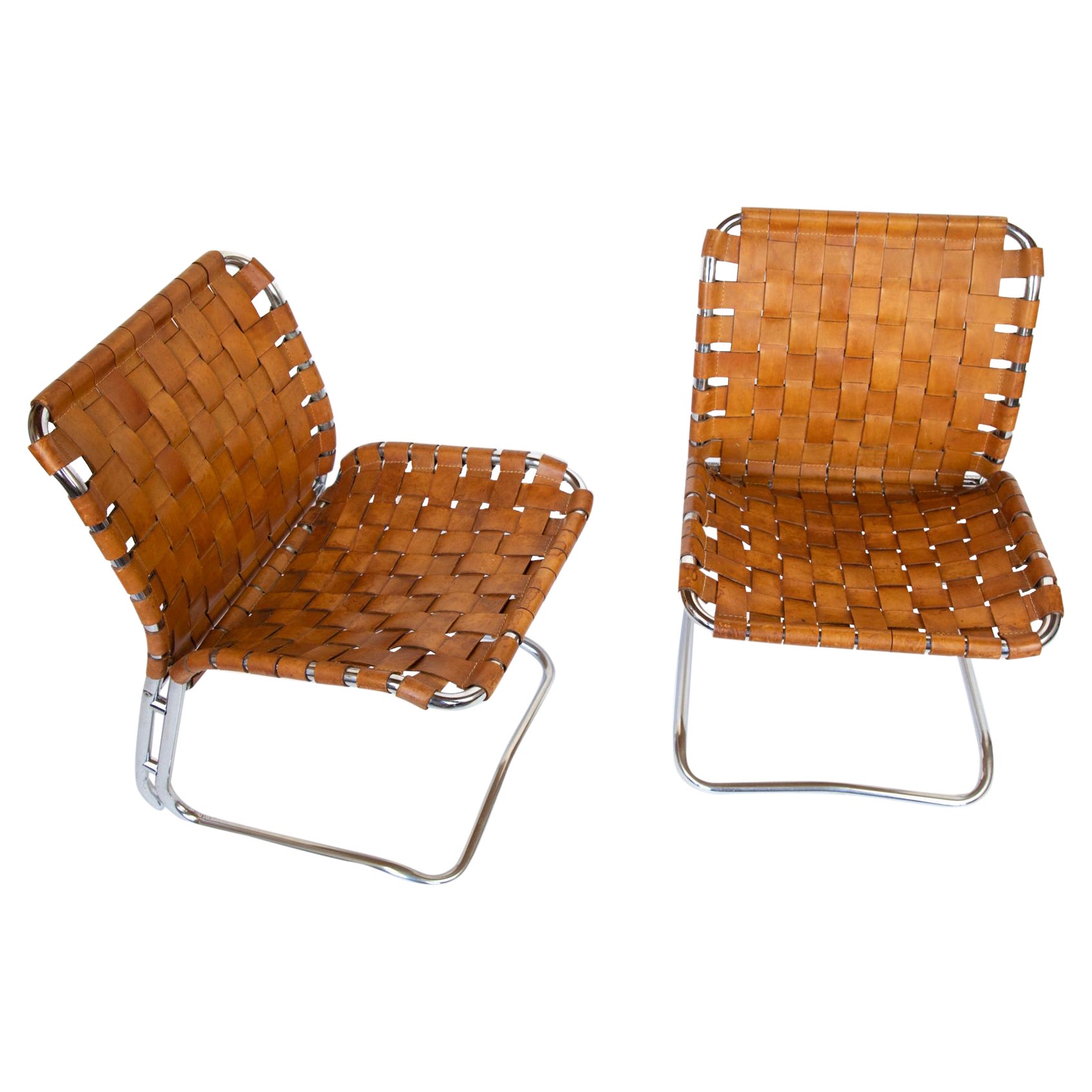 Mid Century Lounge Chairs Chrome Plated Patinated Cognac Leather, Italy, 1970s