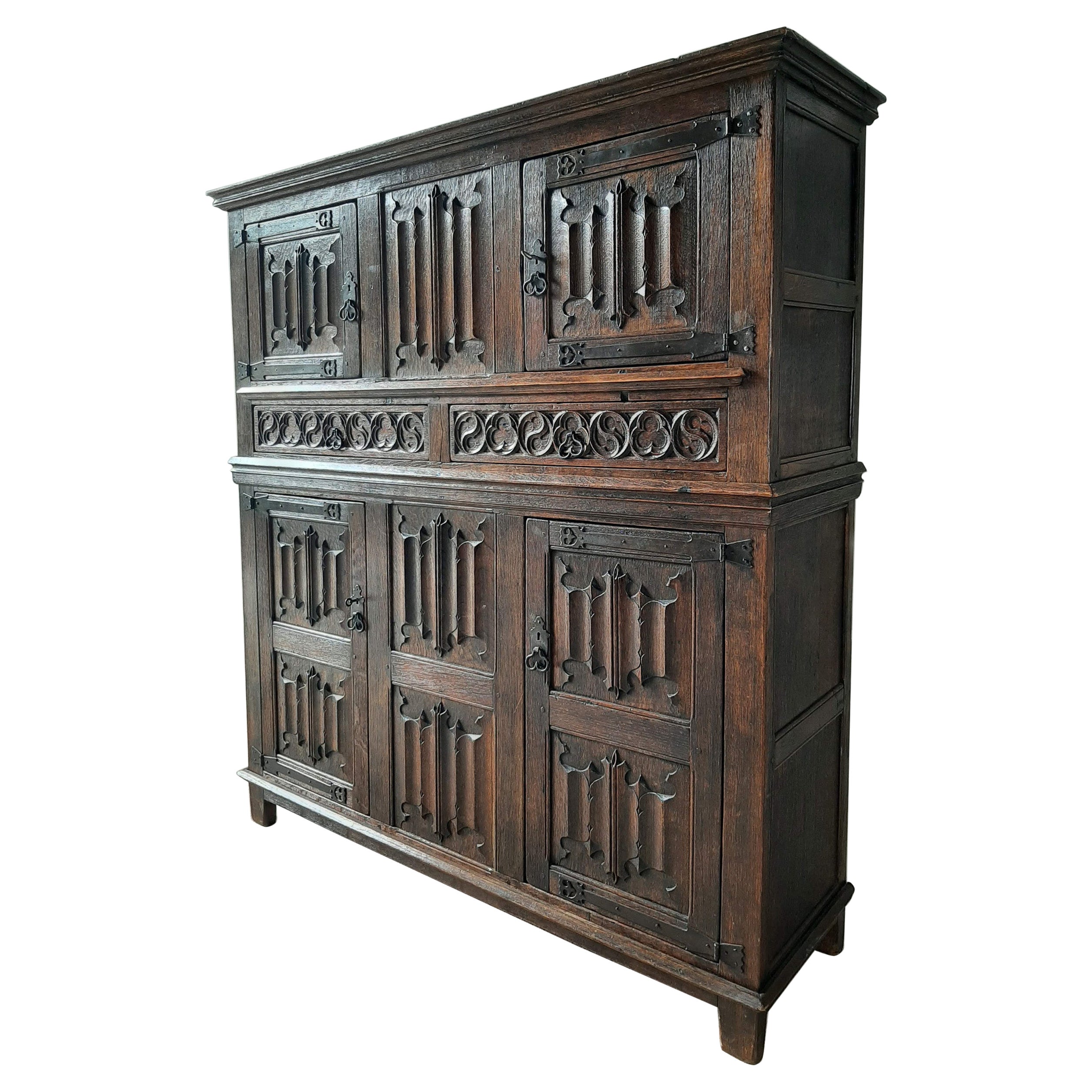 Amazing Gothic Revival High Credenza with Hand Carved Church Windows Early 1900s