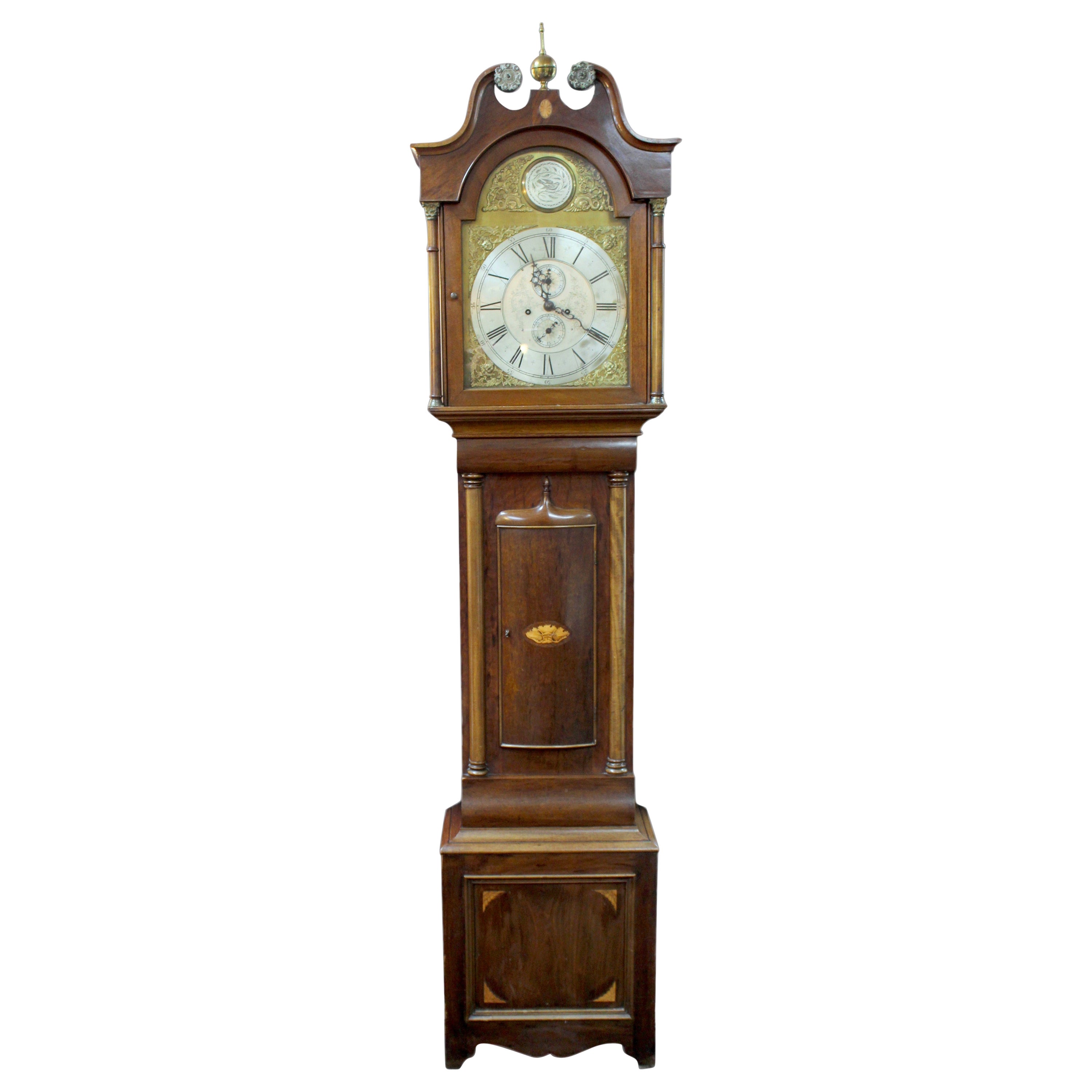 Early 19th C. English Mahogany Brass Arched Dial Longcase Clock For Sale