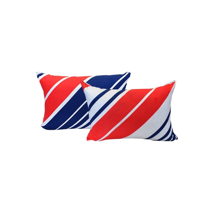 Vintage Red White and Blue Stripe Satin Scarf Pillows with Down Fill, Set of 2 For Sale