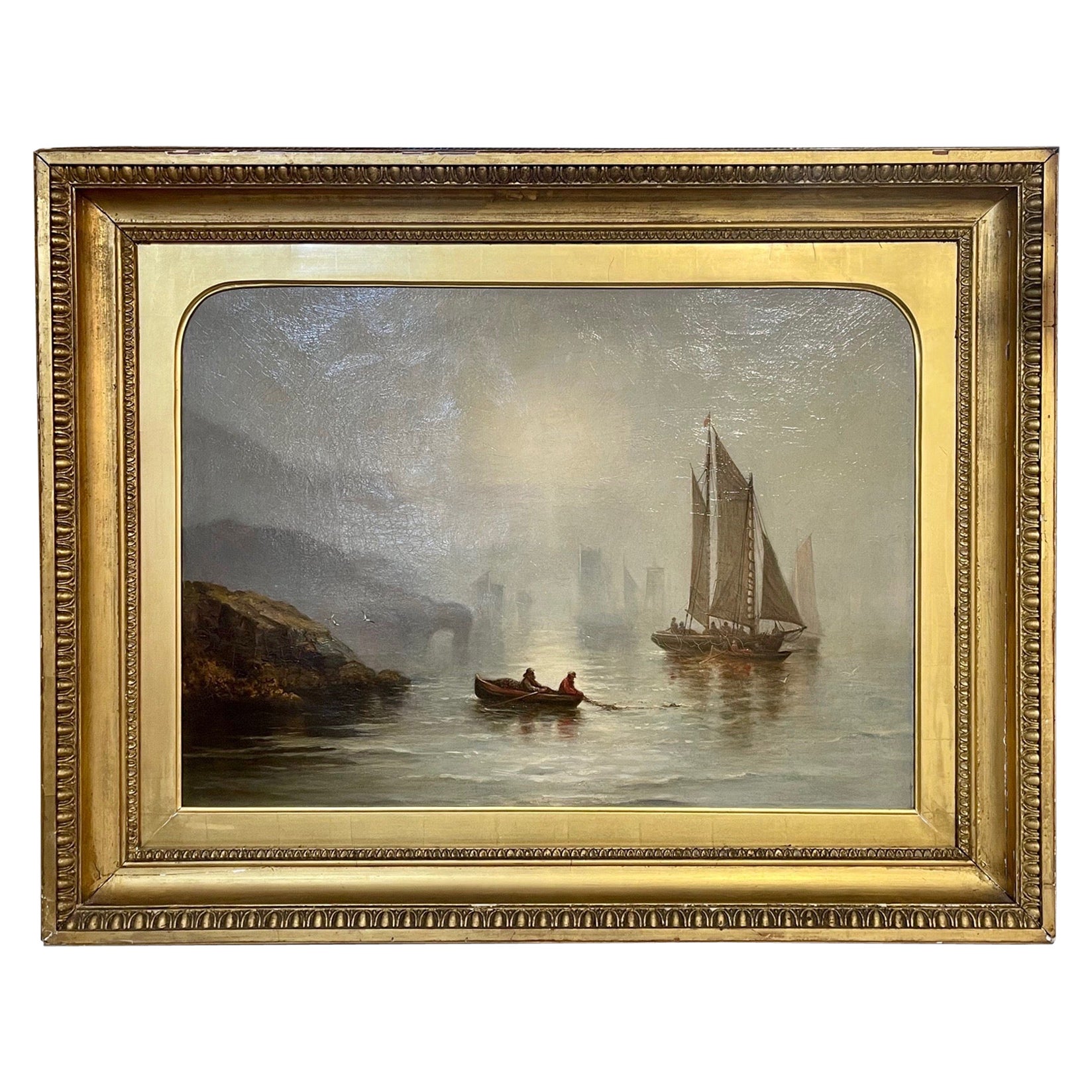 19th Century Dutch Oil on Canvas Boat Scene in Original Giltwood Frame