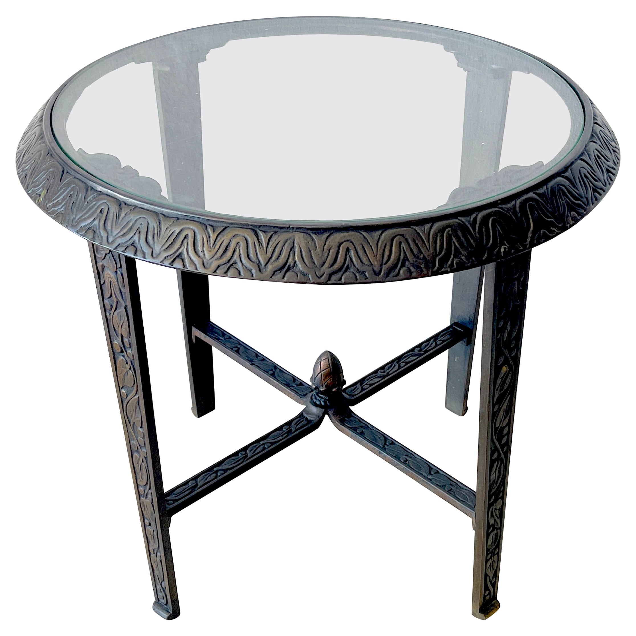 French Art Deco Bronze & Glass Side Table, Style of Edgar Brandt