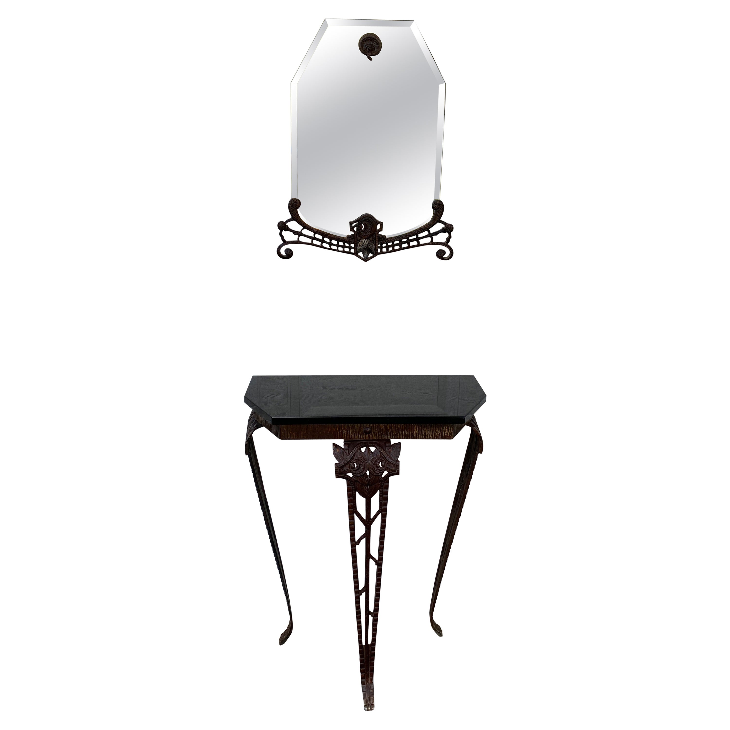 Art Deco Iron and Marble Console and Mirror