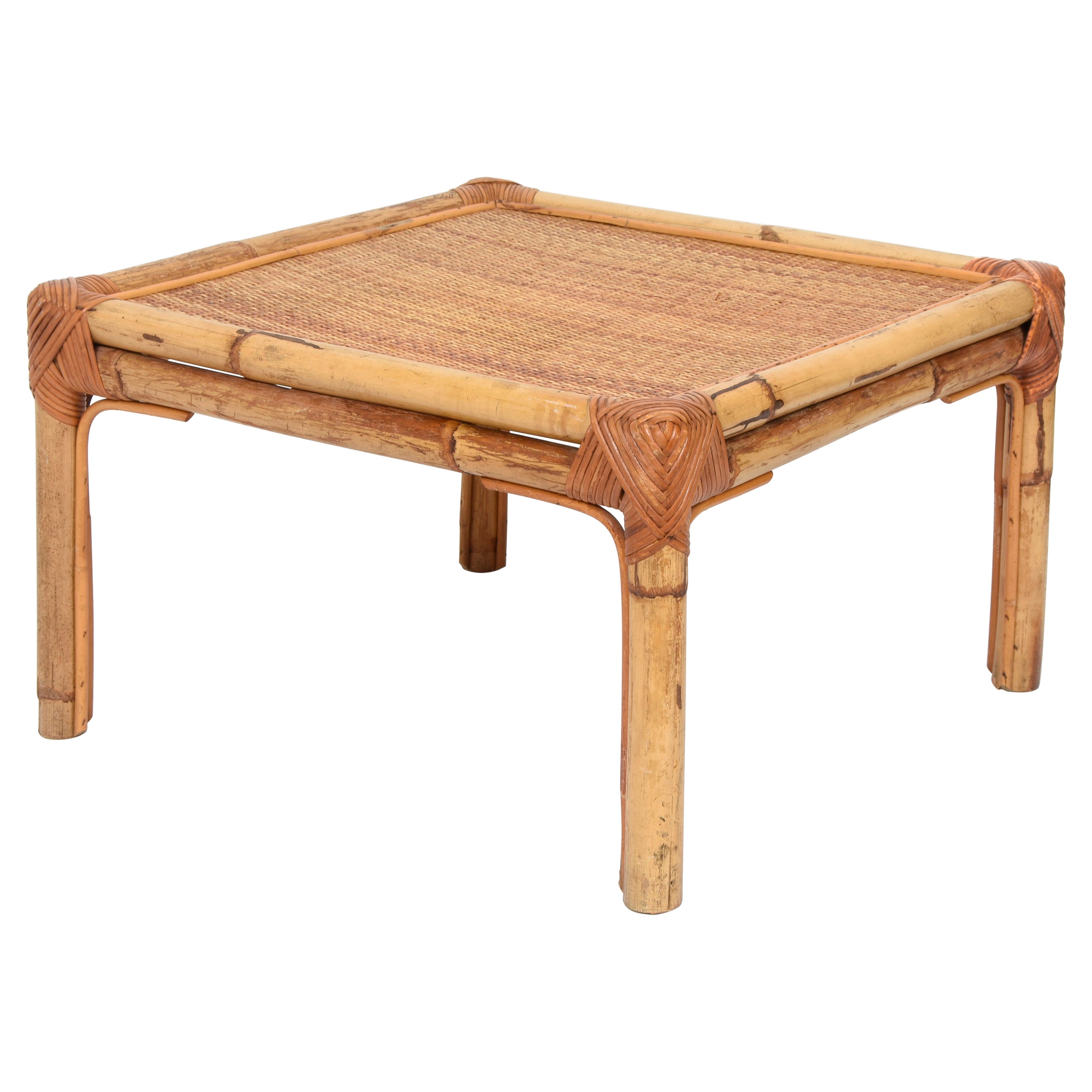 Vivai del Sud Midcentury Italian Squared Bamboo and Rattan Coffee Table, 1970 For Sale