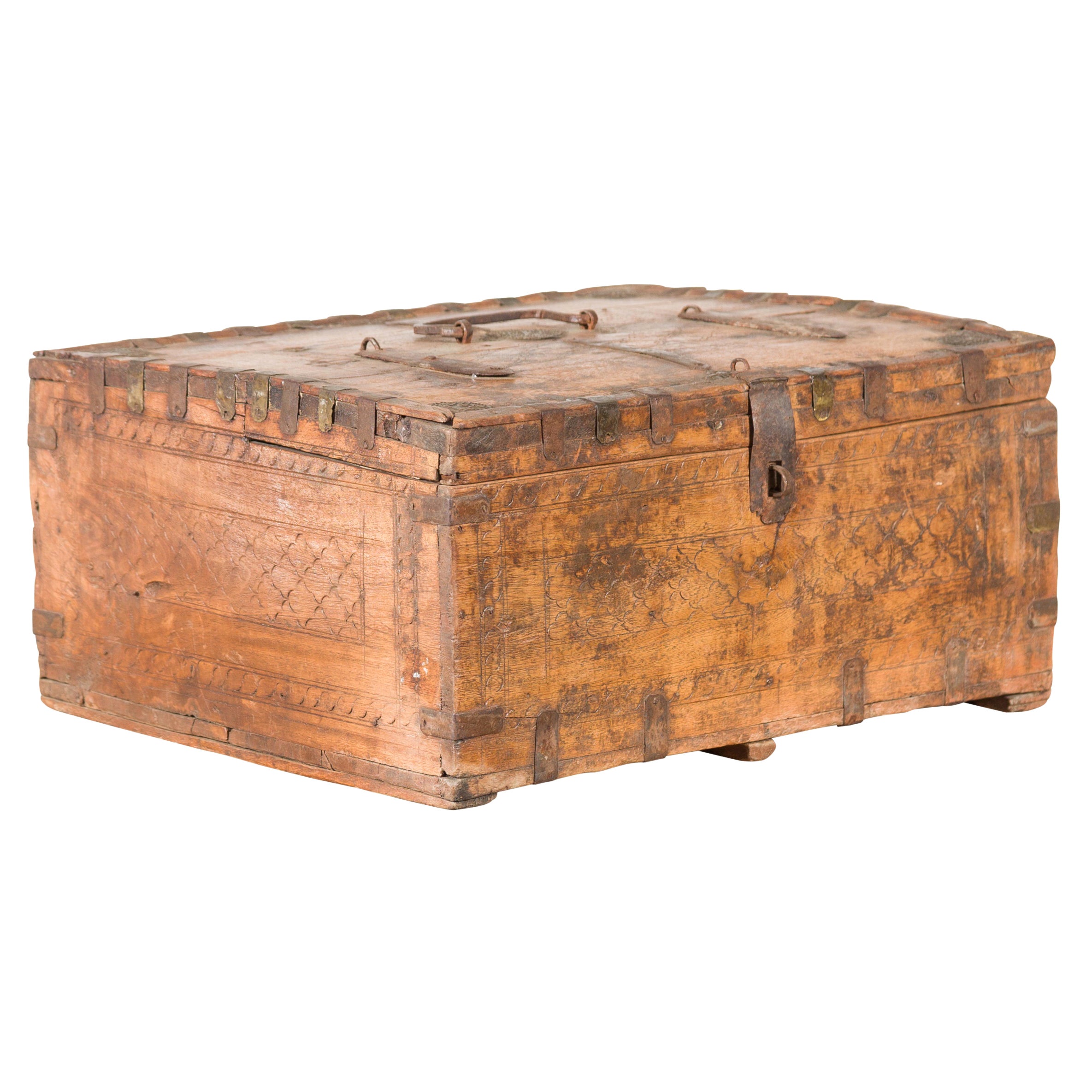 Rustic Indian 19th Century Compartmented Box with Iron Details and Carved Motifs