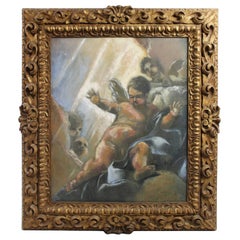 Huile sur toile avec cadre en bois doré représentant un chérubin de style Renaissance italienne