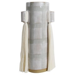Limited Edition Handmade Vase #607, White with Sage Grid
