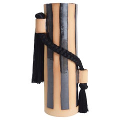 Limited Edition Handmade Vase #695, Black Stripes with Black Tencel Fringe