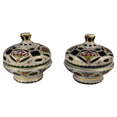 Pair of Hand-Cut Glass Candy Boxes Hand-Painted Bohemian Glass, Crystalex