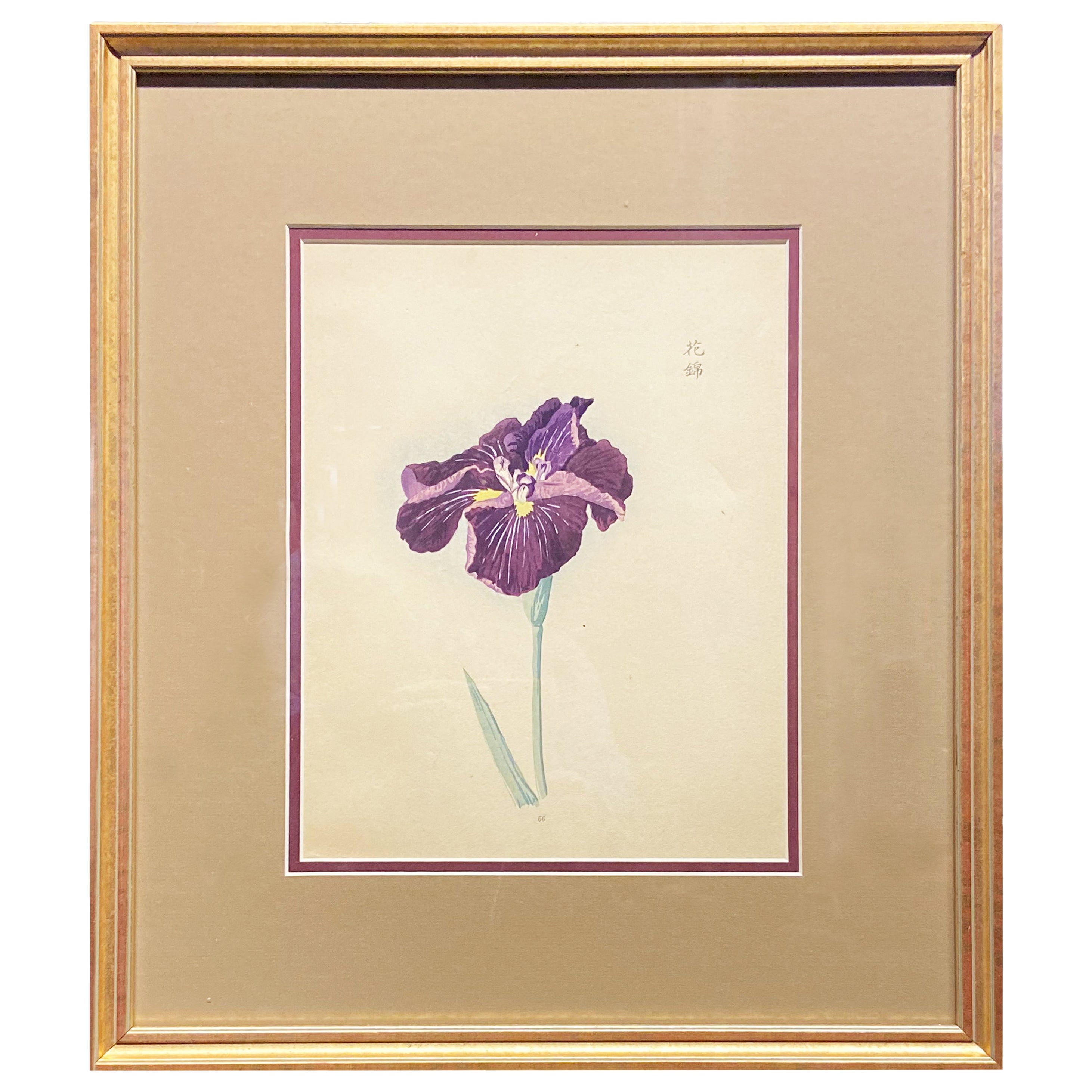 Signed 19th Century Woodblock Print Depicting a Japanese Iris in Gilt Frame