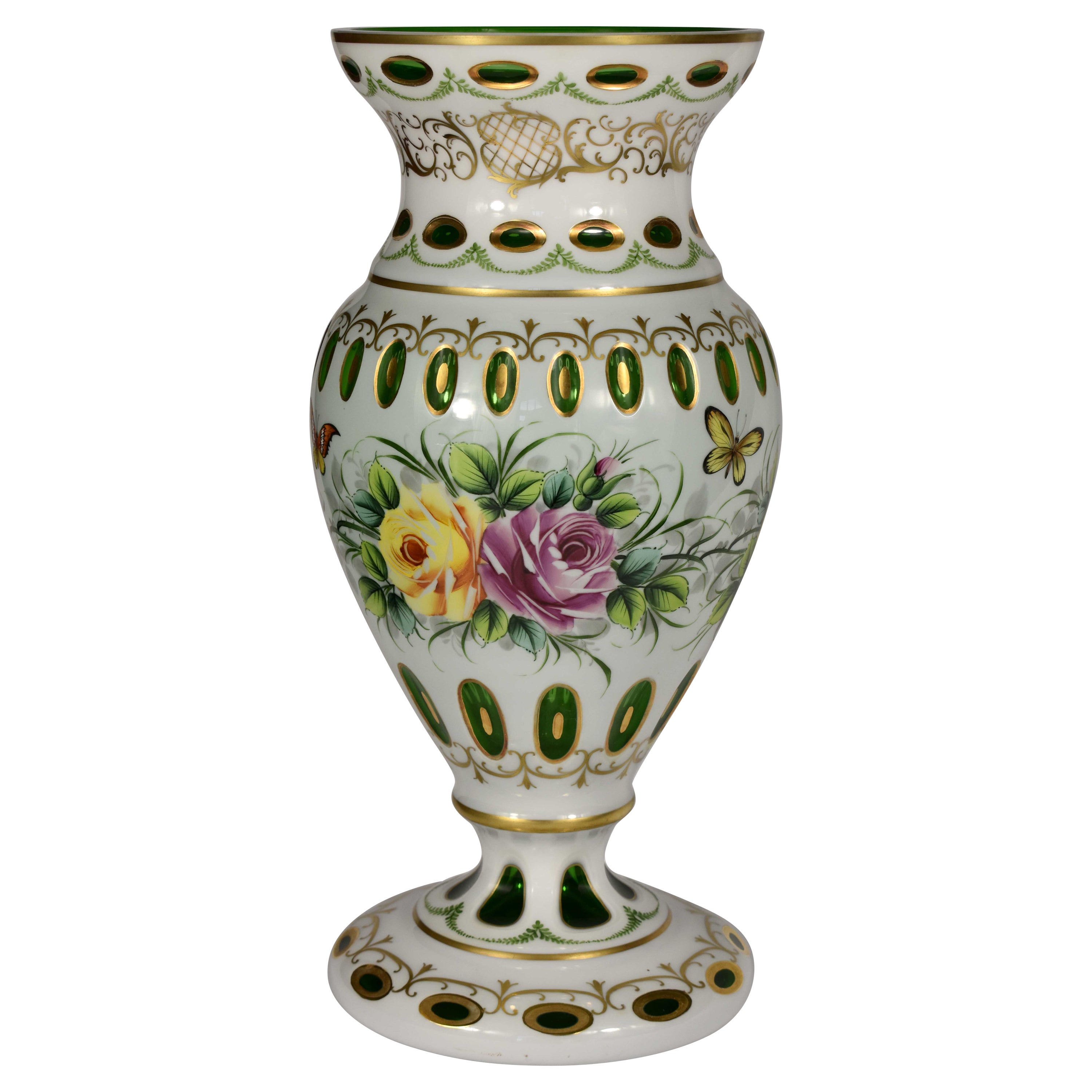 Bohemian Overlay Glass Vase w/ Expertly Painted Birds and Flowers c