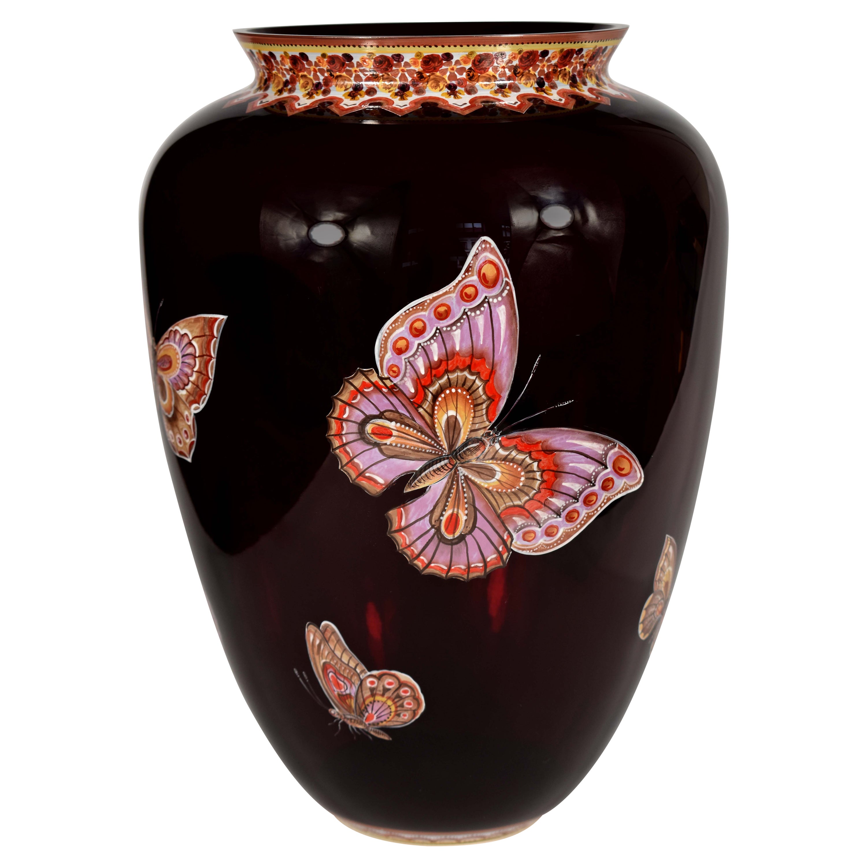 Ruby Vase with Butterflies, Hand-Painted, Studio Work. Art Glass For Sale