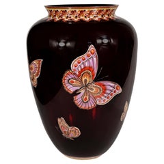 Vintage Ruby Vase with Butterflies, Hand-Painted, Studio Work. Art Glass