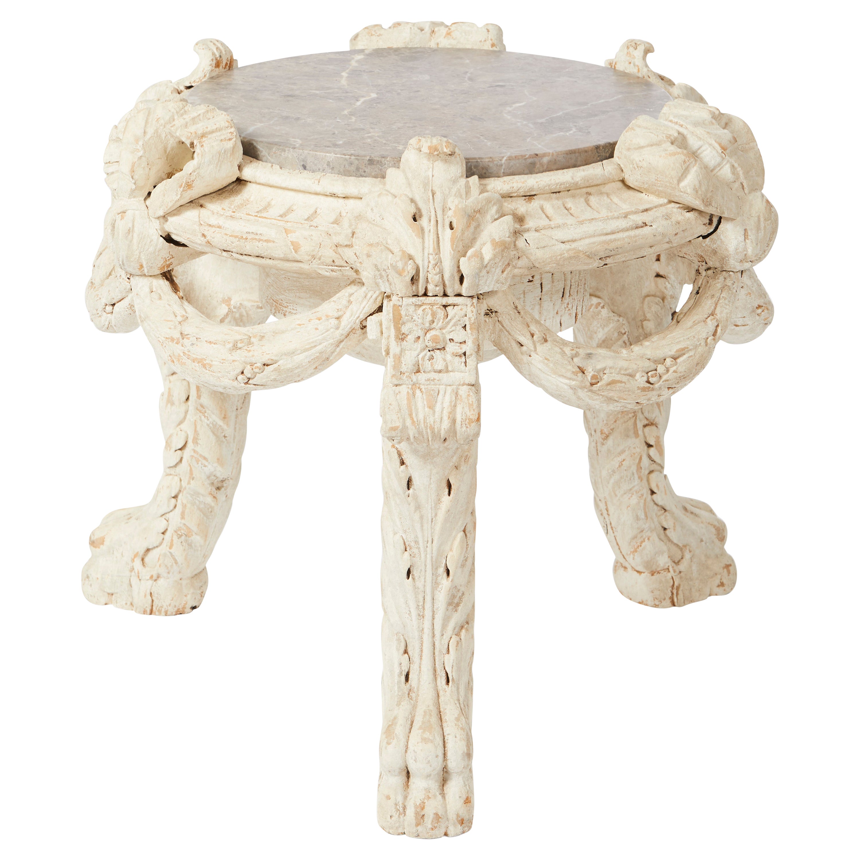 19th-Century Louis XVI-Style Carved Wood and Marble Low Table For Sale