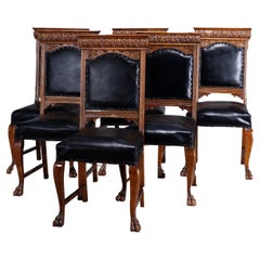 Six Antique RJ Horner School Carved Oak Tall Back Dining Chairs, c1900