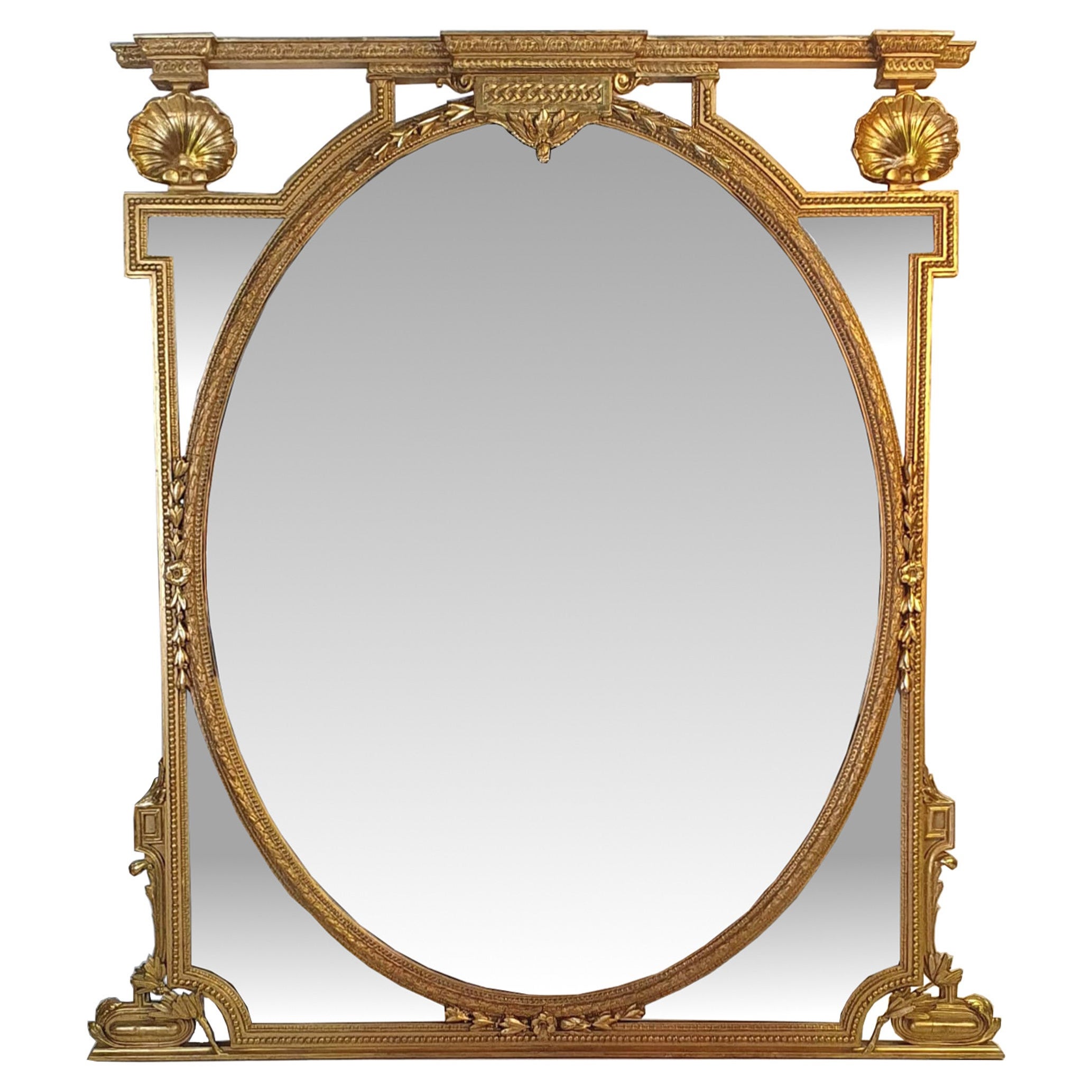 Grand miroir ovale rare compartimenté et doré du 19ème siècle